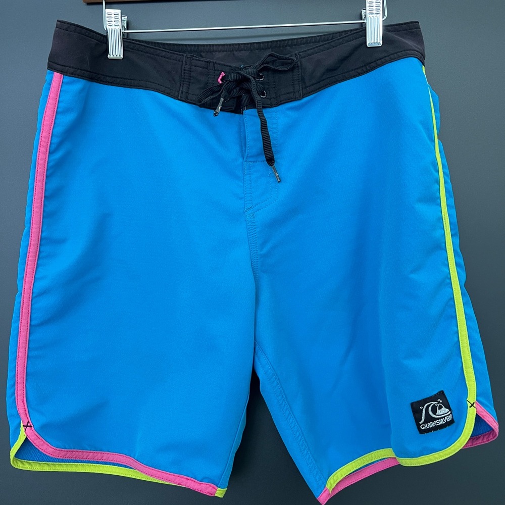 Quiksilver Mens M Loc Scallop Blue Neon Board Shorts Swim Trunks Waist 32 - Picture 4 of 9